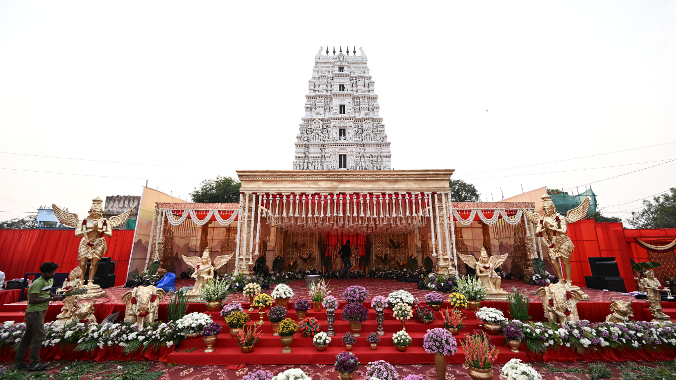 Front view of the fully decorated Ammapalli temple wedding stage