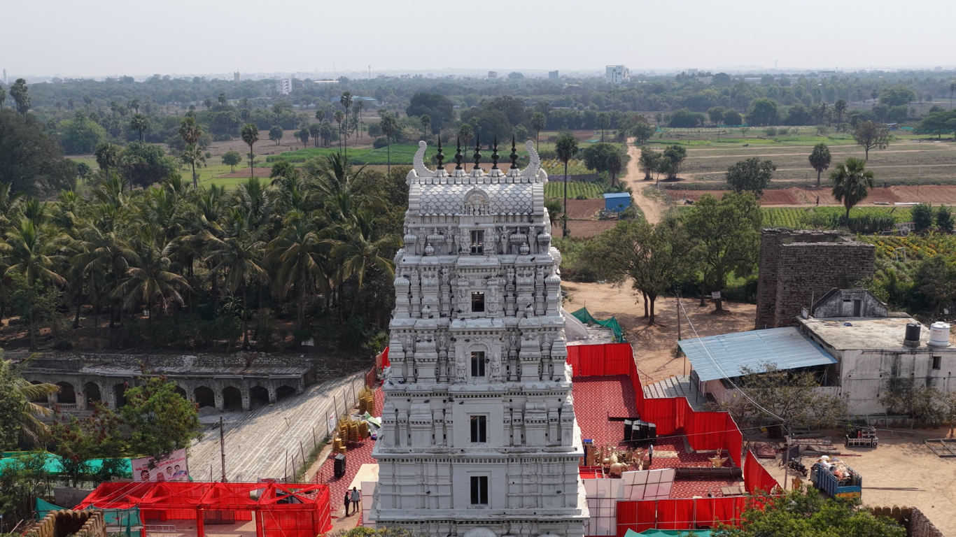 Aerial view of Ammapalli Temple gopuram surrounded by greenery